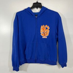 Rockstar Original Mens XL Blue Full Zip Graphic Hoodie Orange Puff Print Logo